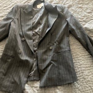 Double-breasted, grey, pin-stripe blazer from Uniqlo/Carine Roitfeld collection